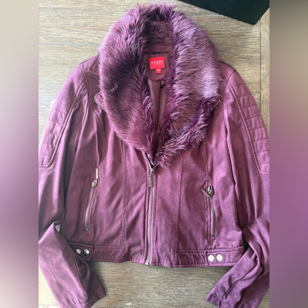 Guess Women's Plum Leather Jacket with Faux Fur Collar